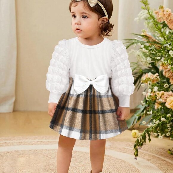 Stylish Cotton Blend Baby Girl Dress with Puff Sleeves & Bowknot Headband 12-18M - Picture 3 of 6